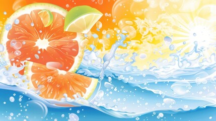 Wall Mural - refreshing orange slice submerged in a splash of sparkling water juicy