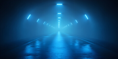 Poster - Abstract blue light rays shine brightly in the dark space, creating a stage-like effect with a glowing, motion-blur design