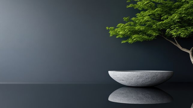 Minimalist modern zen space with a single stone bowl and a small tree