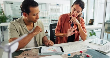 Poster - Business people, map and windmill for sustainability at office with planning, graphs and pin location for wind farm. Woman, man and talk with charts, discussion and clean power at climate agency