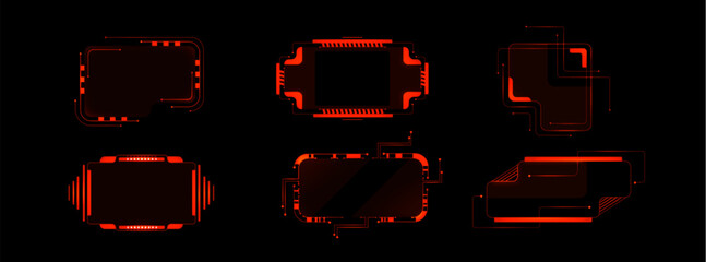 Leinwandbilder - Red cyberpunk hud frames set isolated on black background. Vector realistic illustration of abstract neon line borders, game user interface design elements, graphic sci fi panels, dashboard buttons