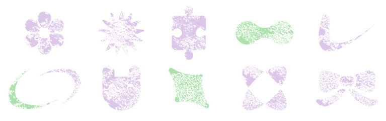 Poster - Pastel colored abstract shapes set with grungy noise texture - flowers, bow, puzzle, frames, brush strokes. Cute girly design elements, 90s style vector stickers, stamps. Retro y2k aesthetic pack.