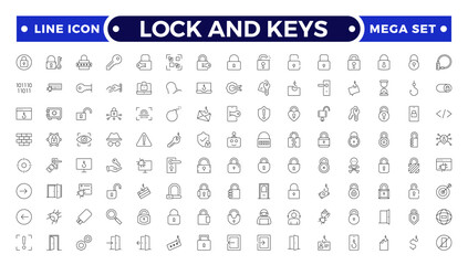 Set of Lock and keys web icons in line style. Guard, cyber security, password, smart home, safety, data protection, key, shield, lock, unlock, eye access. Security outline icon set.