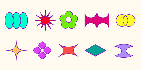 Fototapete - Retro colorful shape set in y2k style - overlapping ovals, flower and star, curved diamond frame elements. Simple flat geometric figures with bright colors fill for funky inspired graphic design.