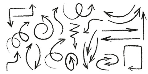 Poster - handdrawn crayon arrows set - various curved, straight, twisted shapes with different thickness and 
