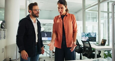 Fototapete - Woman, man and handshake for sustainability at office for welcome, meeting or map for clean energy. Business people, shaking hands or smile for windmill development with engineering at climate agency