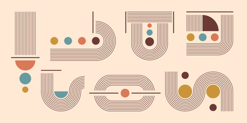 Poster - line arches with color shapes set isolated on beige background. vector illustration of minimalist ge