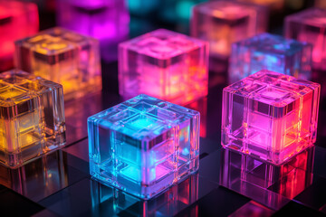 Poster - Illuminated Glass Cubes with Colorful Lights on Reflective Surface