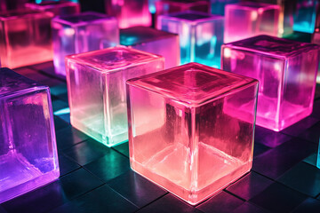 Poster - Glowing Transparent Cubes Arranged on Dark Surface with Vibrant Colorful Lighting
