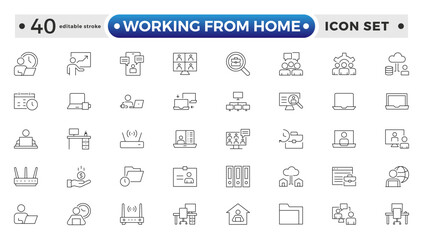 Working from home outline icon set. Containing remote work, work online, freelancing, home office, digital nomad, portfolio, and more. Editable stroke outline icon.
