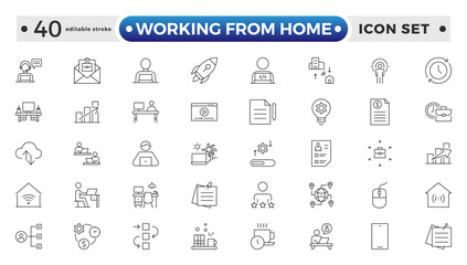 Working from home outline icon set. Containing remote work, work online, freelancing, home office, digital nomad, portfolio, and more. Editable stroke outline icon.
