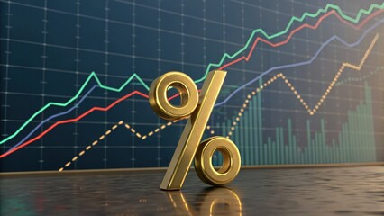 Poster - Market Ascent: An eye-level perspective captures a close-up of a golden percent symbol set against a blurred backdrop of rising stock market graphs.