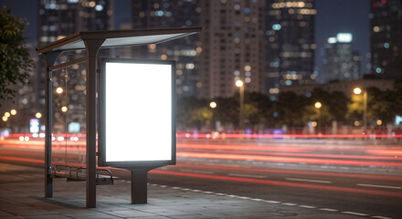 Poster - Blank white vertical digital billboard poster on city street bus stop sign at night, blurred urban background with skyscraper, people, mockup for advertisement, marketing . Generative AI