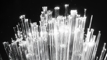 Poster - Radiant silver fiber optic strands glowing in a futuristic digital wave of light particles.