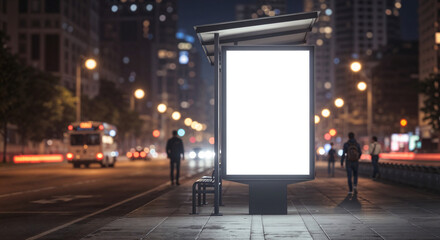 Poster - Blank white vertical digital billboard poster on city street bus stop sign at night, blurred urban background with skyscraper, people, mockup for advertisement, marketing . Generative AI