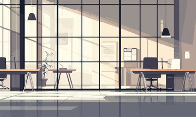 Poster - Modern Office Space with Glass Partitions and Minimalist Desks in Flat Style Vector Illustration