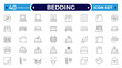 © artshuvo - Bedding outline icon. Collection of Icons of Wardrobe, Bed, Sofa, Table, Chair Drawn with Thin Line for apps, web sites, banners. Editable stroke outline icon.