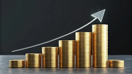 Poster - Rising Tides: A visual representation of financial growth and success, where stacks of golden coins ascend with a rising arrow, depicting positive economic trends and investment gains.