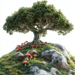 Poster - A Fairytale Scene: Tree with Red Berries, Toadstools, and Moss-Covered Rocks on a Grassy Hillside, Bathed in Soft Light
