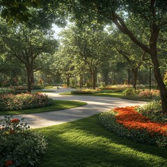 Poster - Tranquil Garden Pathway: A Serene Stroll Through Nature's Beauty, Featuring Vibrant Flowers and Lush Greenery in a Picturesque Park Setting