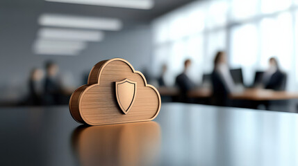 Poster - wooden cloud with shield symbol sits on table in modern office, symbolizing secure cloud computing. blurred background shows people in meeting, emphasizing professional setting