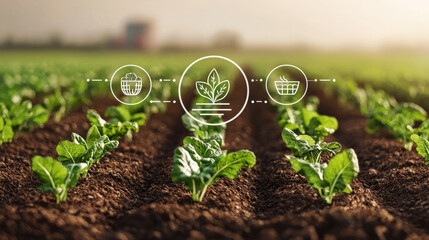 Aufkleber - lush, green farm field with rows of healthy plants is depicted, showcasing sustainable agriculture practices. Icons representing innovation and technology in farming are overlaid