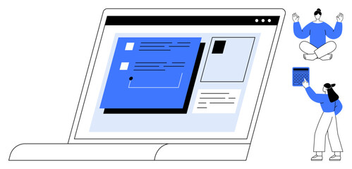 Laptop screen showcasing user interface elements, small figures collaborating. Ideal for teamwork, remote work, organization, productivity, software design, innovation, flat simple metaphor