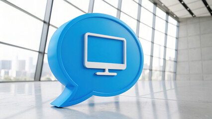 Poster - Digital Dialogue: A vivid illustration of a computer screen within a speech bubble, positioned inside a modern, spacious room. The image captures concepts of communication, technology.