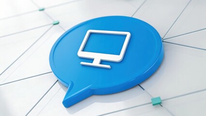 Fototapete - Digital Dialogue: A vibrant illustration of a speech bubble housing a computer monitor icon, symbolizing communication and technology in a modern, interconnected world.