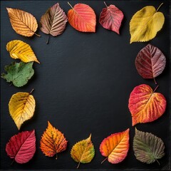 Aufkleber - Autumnal Frame: Colorful Fall Leaves Arranged on Dark Background, a Backdrop for Creative Content and Seasonal Displays