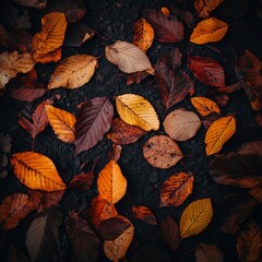 Aufkleber - Autumnal Whispers: A Bed of Fallen Leaves on Dark Earth, Embracing the Transition of Seasons
