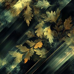 Aufkleber - Golden Foliage on Dark Green Abstract Background - A Textured Digital Art Piece with Organic and Geometric Elements