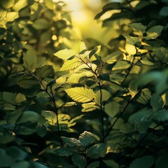 Poster - Golden Hour Illumination: Sunlit Beech Leaves Creating a Natural Canopy of Light and Shadow in a Forest Setting