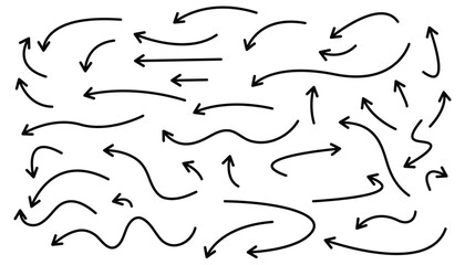 Poster - Set of arrows of different shapes and directions. hand drawn arrows set. hand drawn thin line. curve wave line arrows