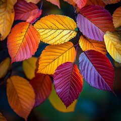 Aufkleber - Vibrant Autumn Display: A Close-Up of Beech Leaves in Fiery Hues of Red, Orange, and Yellow