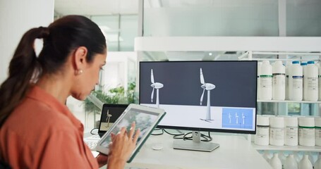 Poster - Tablet, windmill and business woman on computer for sustainability, power grid and renewable energy. Engineer, digital tech and person with wind turbine for electricity, climate change and planning