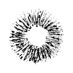 Poster - Paint brush stroke. Grunge ink. Black rough splash isolated on white background. Splatter stain. Round spot texture. Circle drawing. Hand drawn burst. Splat spray. Radial distress. Vector illustration
