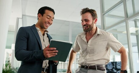 Poster - Men, high five and tablet for celebration in office for results, innovation or success at biohacking startup. People, partnership and goals with brain scan, information technology and neurotechnology