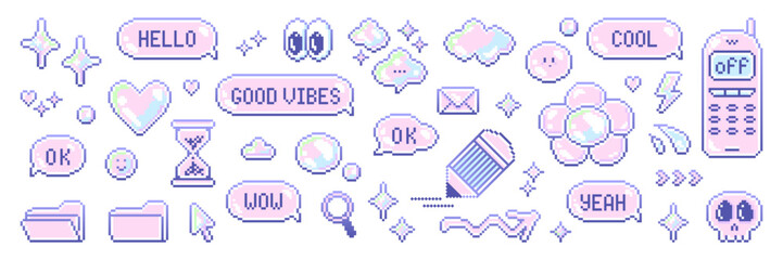 Fototapete - Pixel art speech bubble and element asset pack. Retro pastel aesthetics dialogue box and retro game style vector illustration. Y2k 8-bit pixelated icon set.