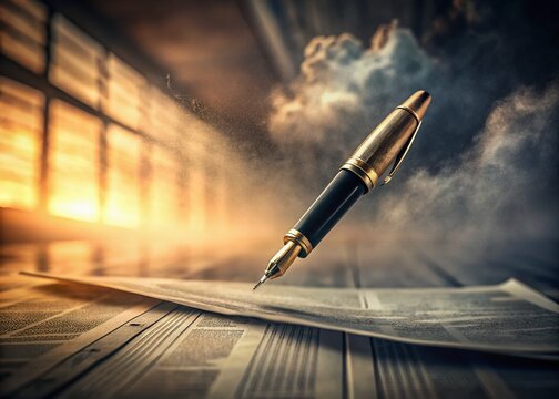 Surreal Floating Pen on Vintage Newspaper - Dreamlike Photo