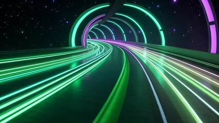 Poster - Futuristic neon tunnel with glowing lights in vibrant motion through starry space