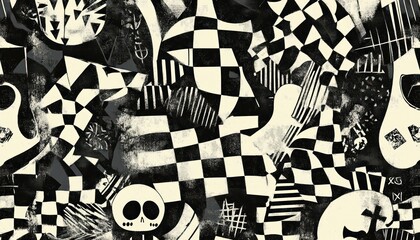 Poster - Monochromatic chaos: A complex composition of fragmented patterns and iconic skulls