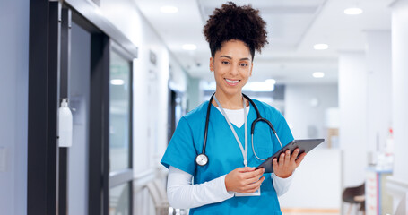 Poster - Portrait, happy woman and surgeon on tablet for test results, medical update or appointment booking. Smile, research or doctor with technology for online report, schedule or health app at hospital