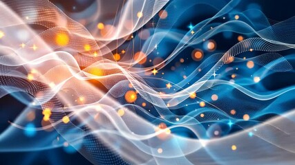 Fototapete - Dynamic flowing waves of blue and orange light with sparkling particles