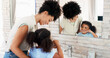 © BuyOutFelix01/peopleimages.com - Girl, mom and child brushing teeth for hygiene, morning routine or teaching healthy oral habits in home. Happy parent, kid and learning dental cleaning in bathroom with toothbrush, mother or care
