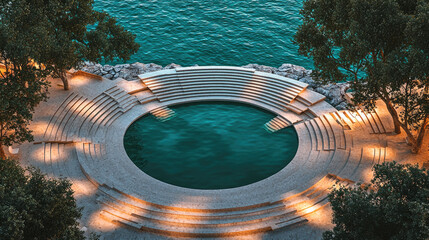 Poster - serene circular stage design by water, surrounded by trees and illuminated by soft lights, creates tranquil atmosphere for gatherings or performances