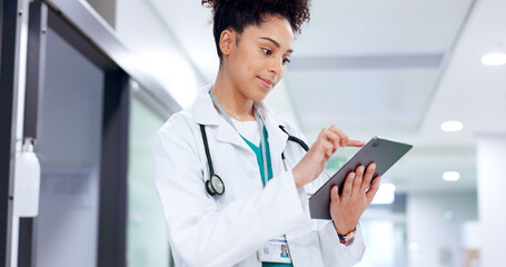 Poster - Woman, doctor and tablet for test results, medical update or appointment booking. Smile, telehealth research or surgeon with touchscreen for online report, schedule or health app at hospital clinic