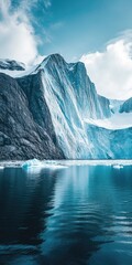  A massive iceberg floating in the middle of a body of water, with some icebergs melting or breaking off into the surrounding sea