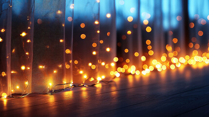 Poster - Soft glowing lights illuminate cozy space, creating warm and inviting atmosphere. delicate curtain adds touch of elegance, enhancing serene ambiance of room