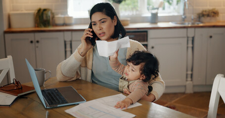 Aufkleber - Woman, baby and phone call with remote work from home, freelancing or talk with contact, bonding and play. Person, virtual assistant and mother with infant, child and networking by pc in family house